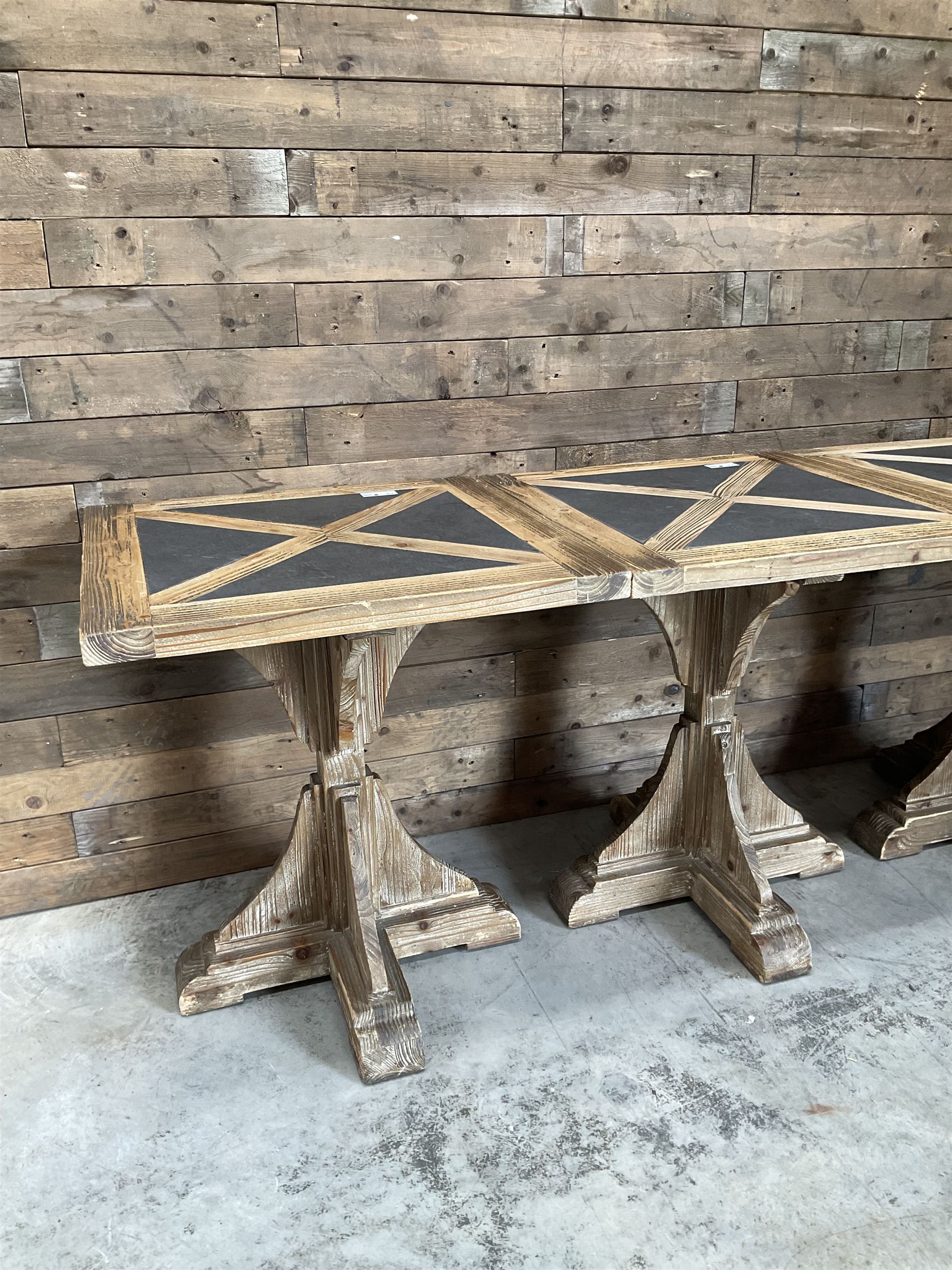 4 x Rustic square restaurant bistro table, parquetry top, X shaped base