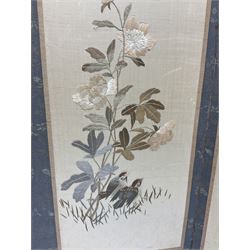 Two Oriental silk and wooden screens embroidered with birds and blossoming branches, largest H88cm 