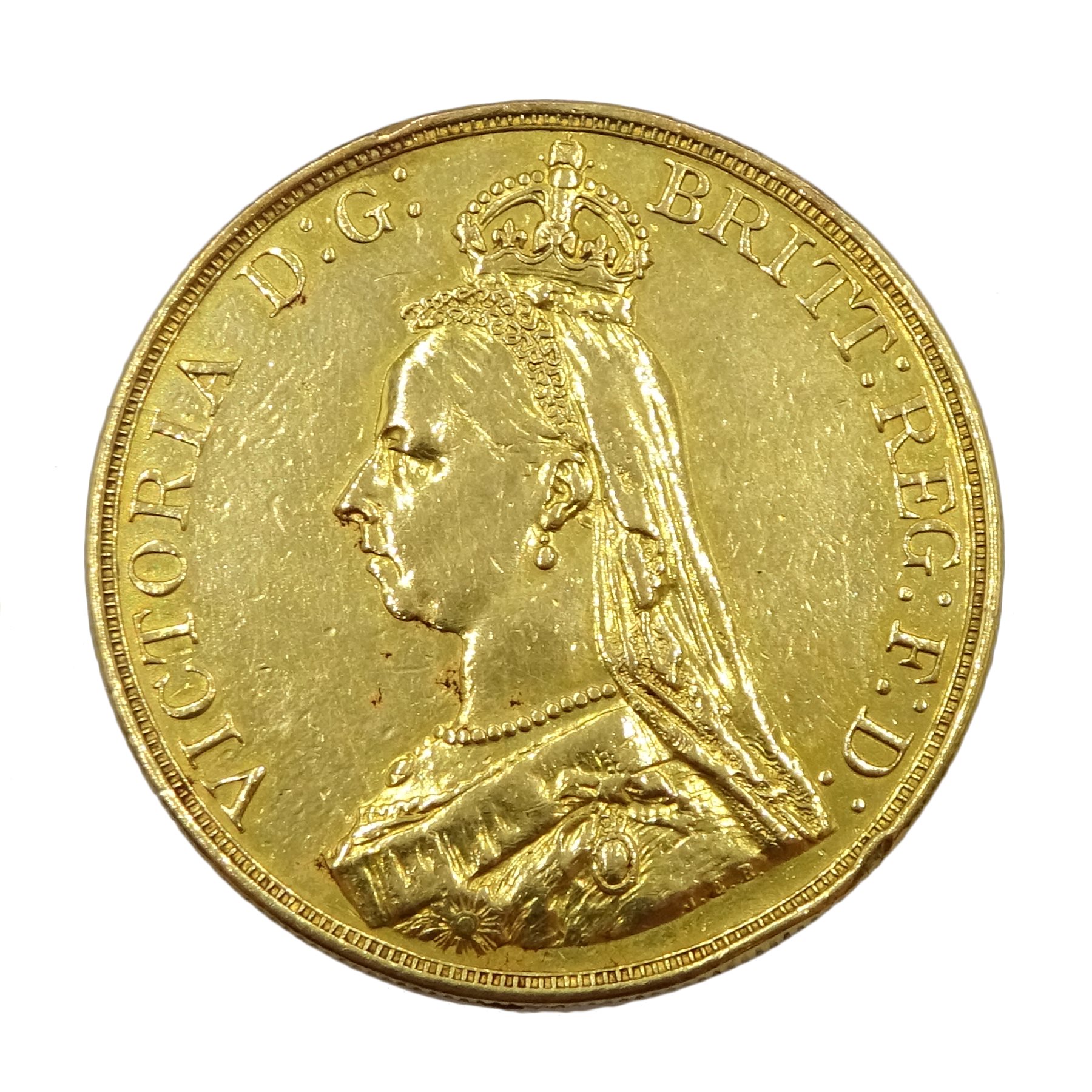  Queen Victoria 1887 gold five pound coin, previously mounted  