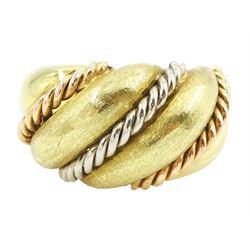 18ct gold dome ring, with rose and white gold rope twist decoration, stamped 750