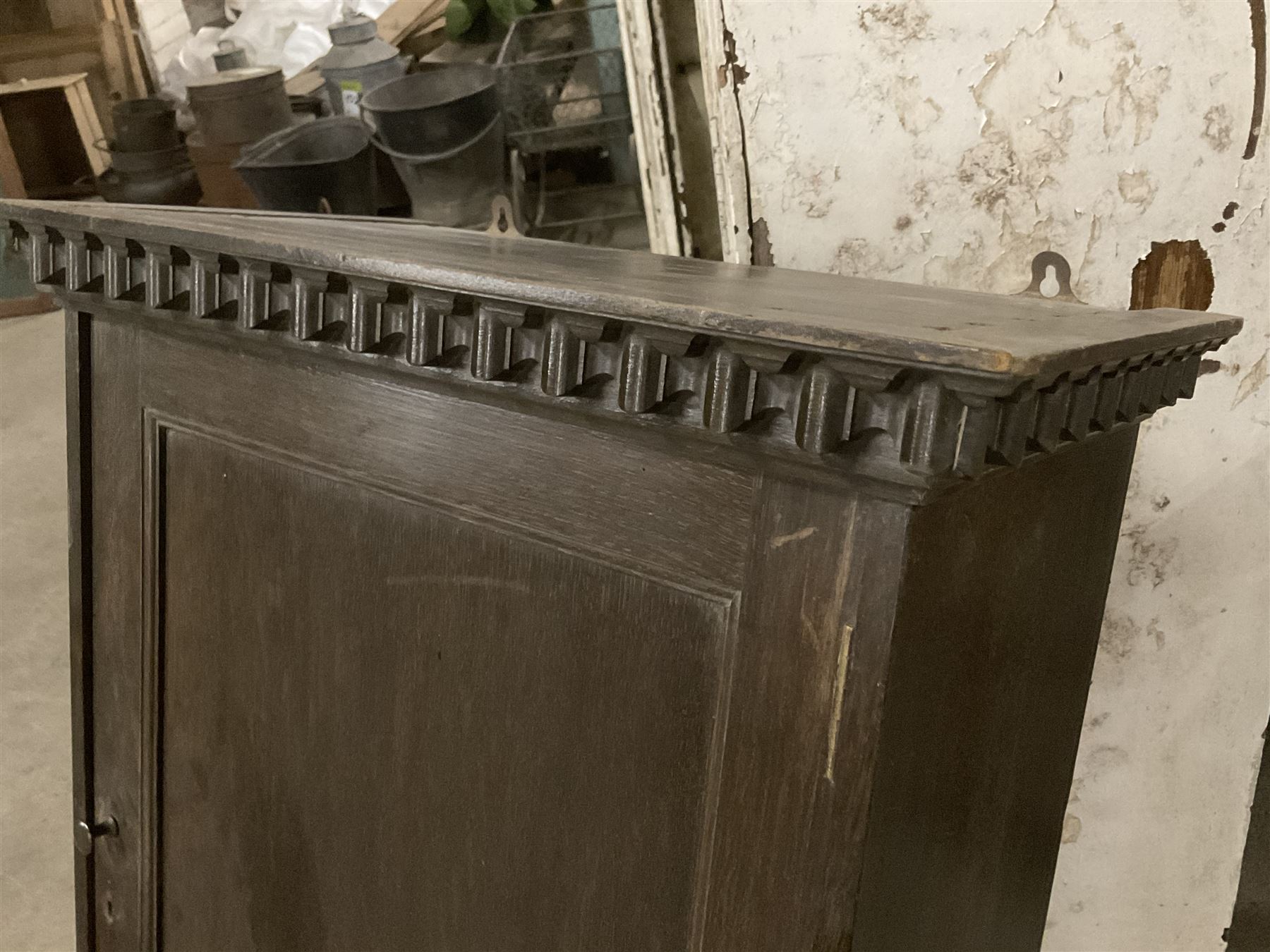 Early 20th century oak wall hanging cupboard, projecting cornice over panelled door and single drawer - THIS LOT IS TO BE COLLECTED BY APPOINTMENT FROM THE OLD BUFFER DEPOT, MELBOURNE PLACE, SOWERBY, THIRSK, YO7 1QY