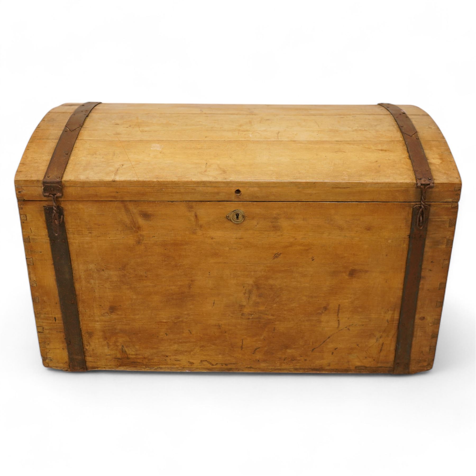 Late 19th century pine and metal bound dome top trunk