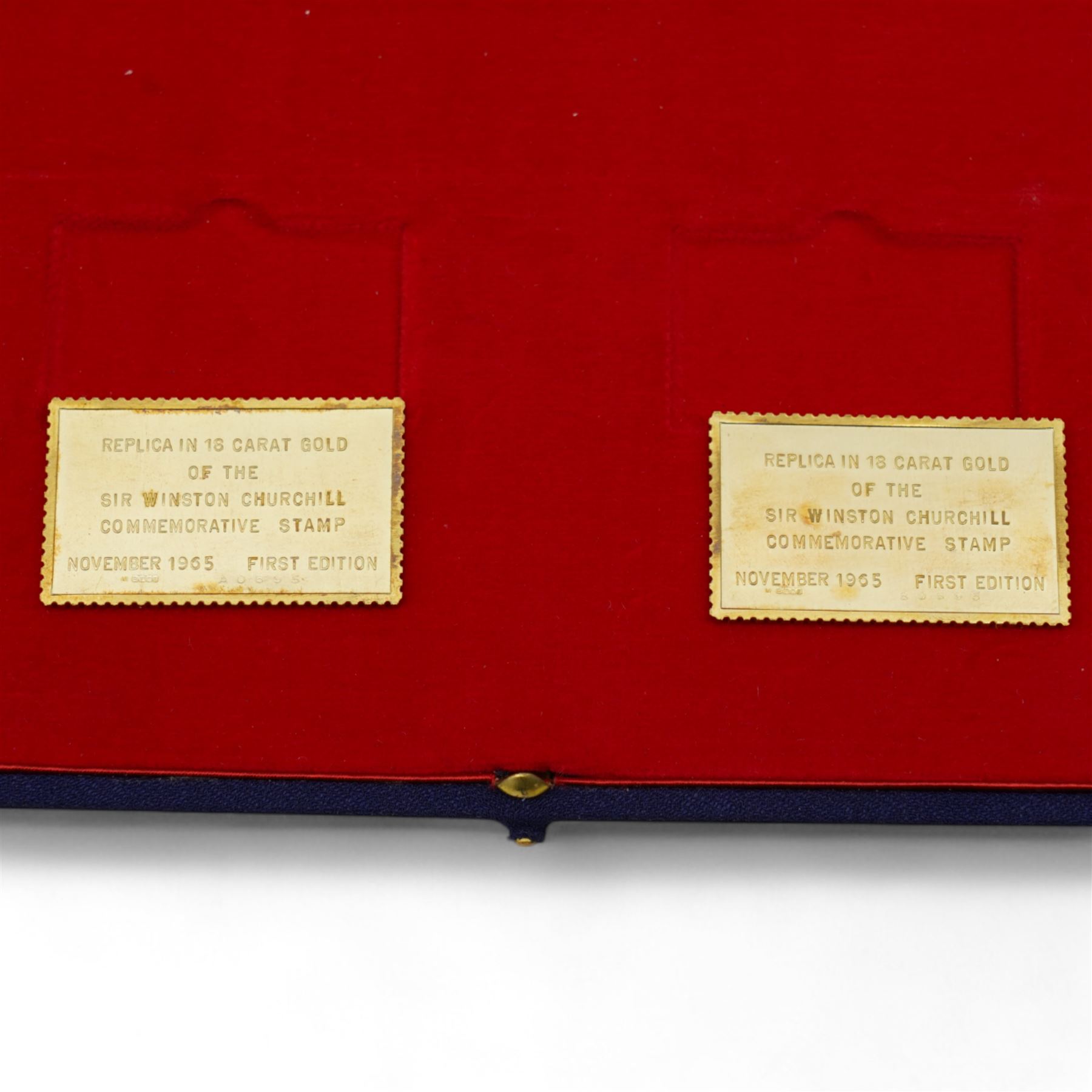 'Sir Winston Churchill Stamp Replicas' set of two hallmarked eighteen carat gold stamp replica ingots, total weight approximately 40.3 grams, cased with certificate and commemorative stamp cover