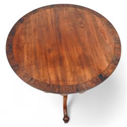 19th century rosewood and mahogany tripod table, circular tilt-top with rosewood band and shaped fretwork skirt, on turned column with three splayed supports with block feet 