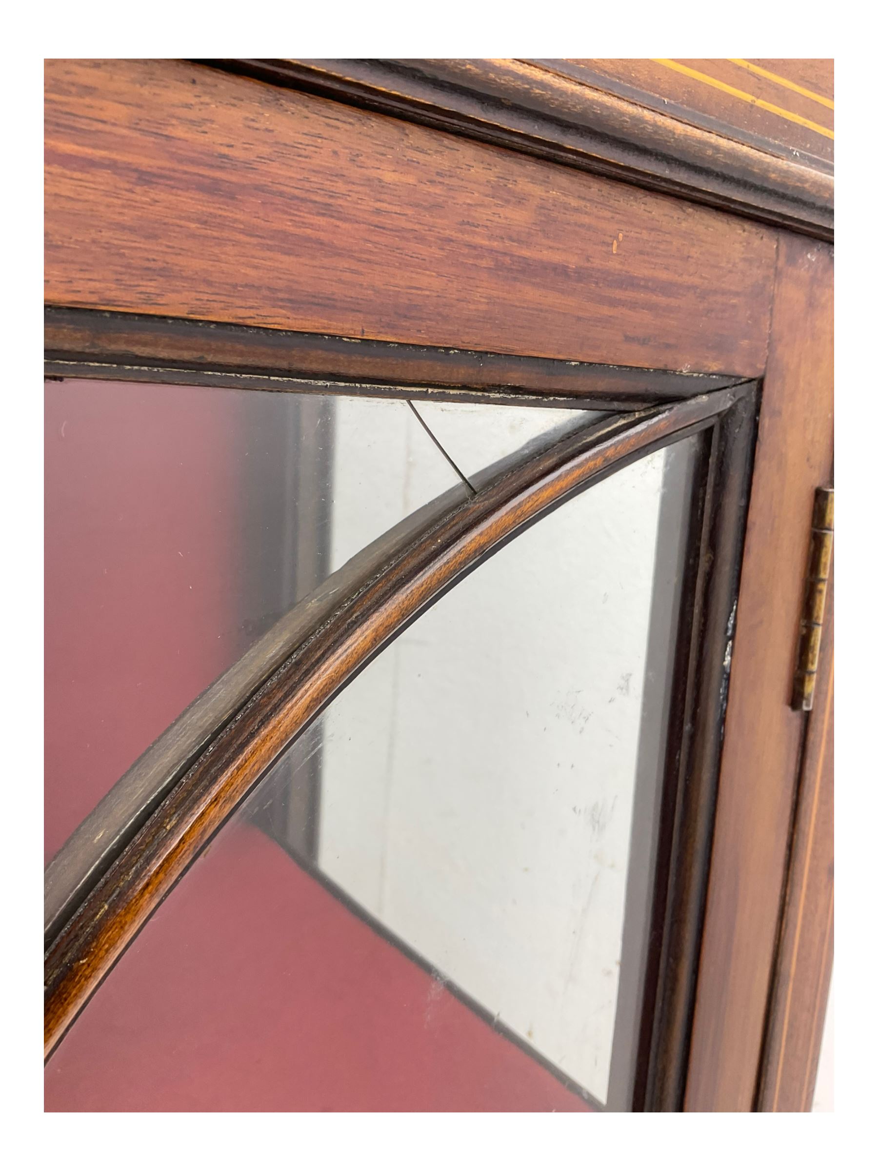 Early 20th century mahogany display cabinet, projecting moulded cornice over inlaid frieze, single astragal glazed door opening to reveal three felt-lined shelves, raised on square tapering supports