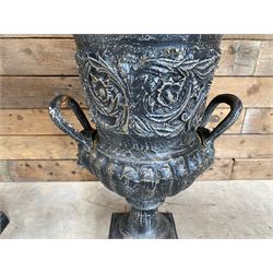 Pair of Victorian design ornate black painted cast iron garden urns, egg and dart rim, tapering column on pedestal base H63, D48