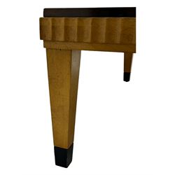 Art Deco design maple wood coffee table, rectangular top with reeded edge, on tapered supports with metal feet protectors