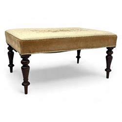 Victorian mahogany framed needlework footstool, rectangular form with tapestry floral desi...