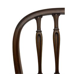 Set of six early 20th century Hepplewhite design mahogany dining chairs, moulded arched frame back, three shaped vertical rails carved with stylised foliate decoration, drop-in seats upholstered in brown fabric within moulded seat rails, on acanthus leaf carved cabriole supports with paw carved terminals 