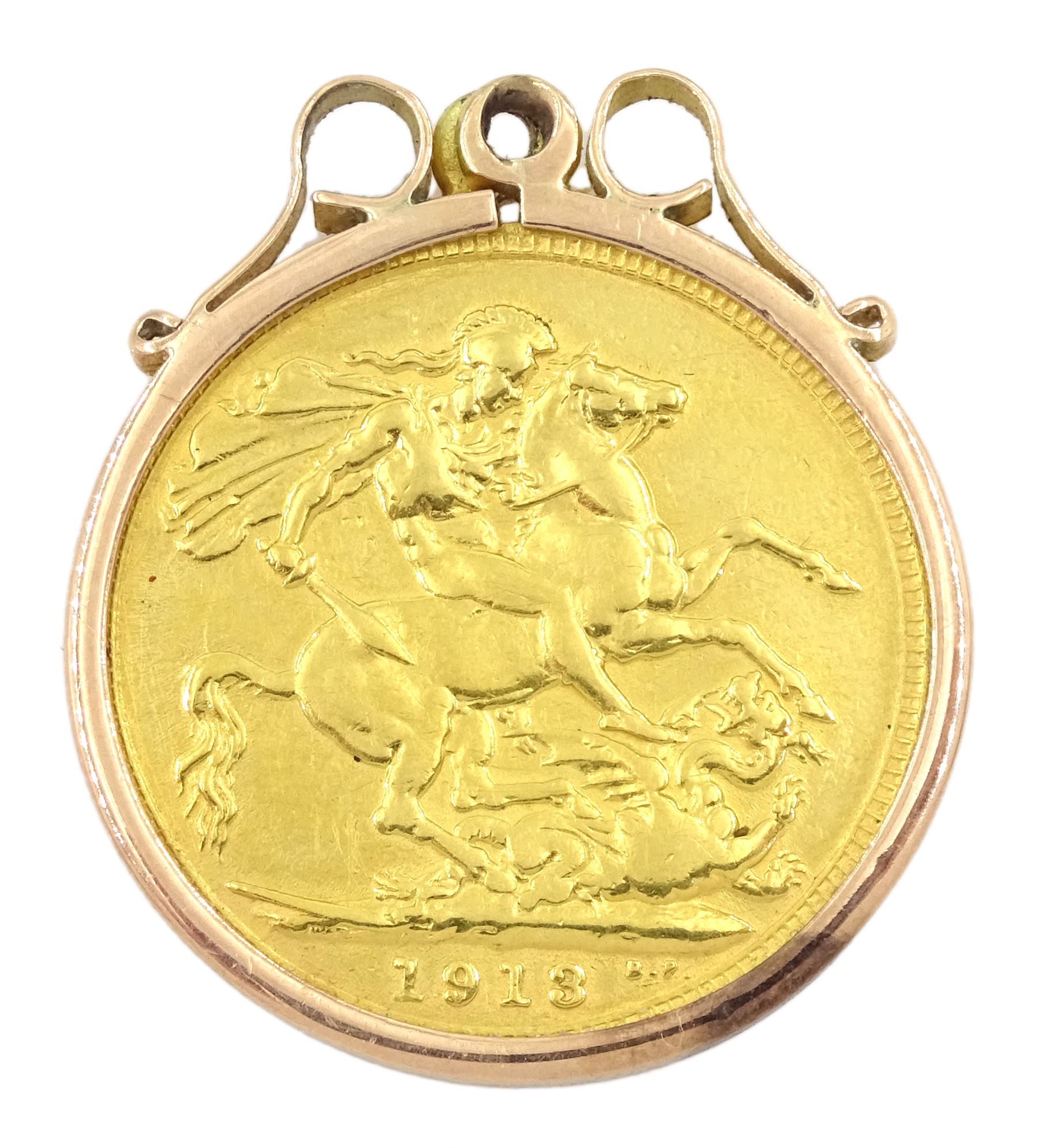 King George V 1913 gold full sovereign coin, loose mounted in 9ct gold pendant