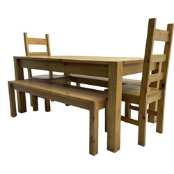 Rectangular pine dining table (W160cm, D90cm, H76cm) two chairs and two benches 
