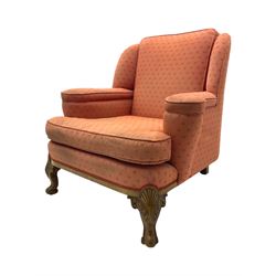 Late 20th century mahogany framed three seat sofa, upholstered in cream fabric with repeating cross pattern, raised on cabriole supports (W192cm, D98cm, H89cm); matching armchair in light pink fabric (W92cm, D98cm, H89cm) 