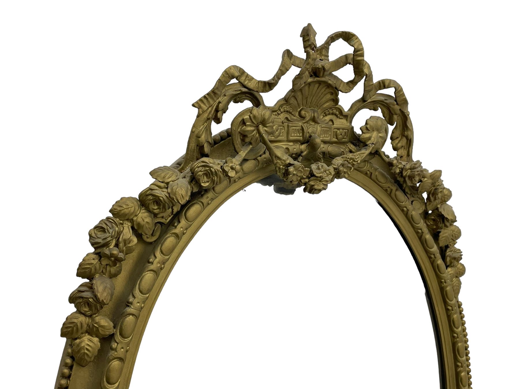 19th century giltwood and gesso girandole wall mirror, the raised pediment decorated with ribbon tie over curled acanthus leaves and flowerhead festoons, oval egg and dart moulded frame with outer bead, three projecting candle sconces in the form of scrolled acanthus leaves, lower shell motif with extending leaf decoration 