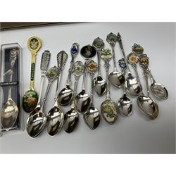 Collection of souvenir teaspoons with wooden display case, H62cm, L53cm. 