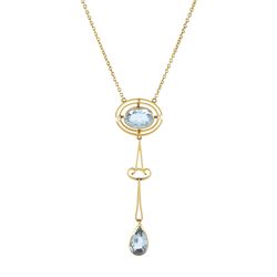 Early 20th century gold, oval and pear cut aquamarine and seed pearl pendant necklace, stamped 15ct