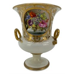 Early 19th century Derby vase, of campana urn form, decorated to one side with a hand painted reserve of a basket of flowers, within a scroll gilt border and twin serpent form handles, H20.5cm together with a Bloor Derby vase, hand painted with figures in a wooded landscape, with twin gilt swan form handles, upon a square pedestal foot, H25cm (2)