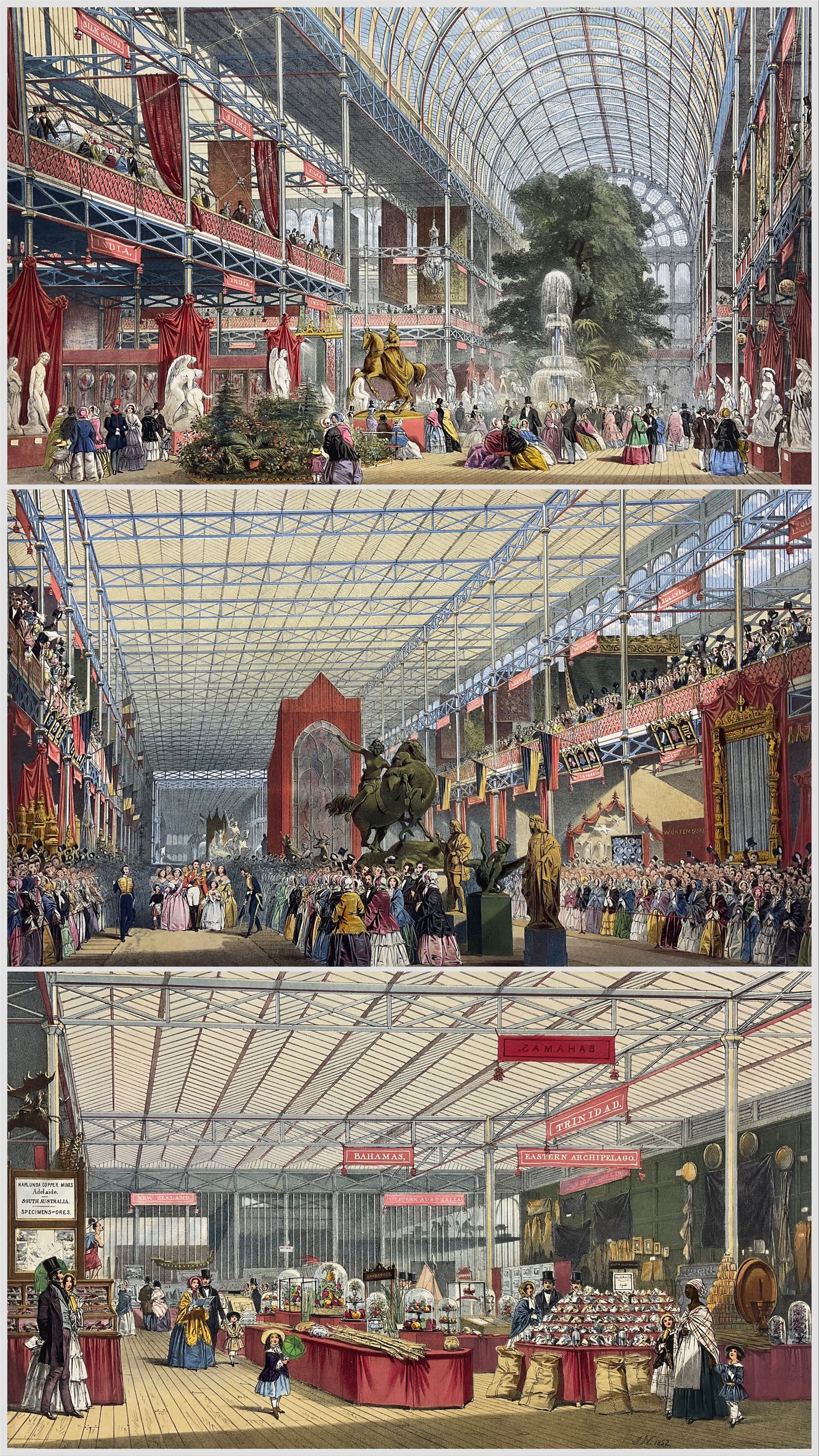 After Joseph Nash the Elder (British 1809-1878): 'The Foreign Nave' 'The Transept' and 'Colonial Produce', three coloured lithographs from 'Dickinson's Comprehensive Pictures of the 1851 Great Exhibition' pub. 1854 with corresponding extracts max 35cm x 50cm (3) (unframed)