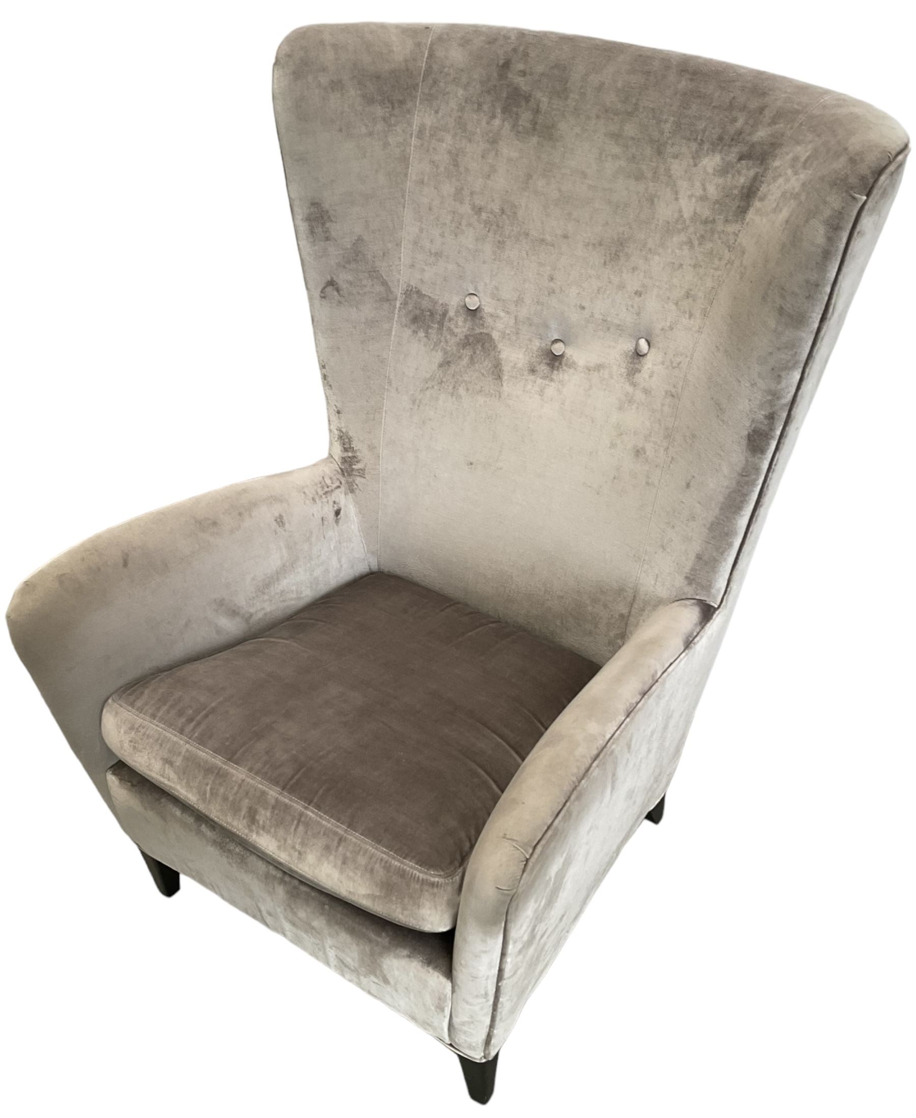 2 x Wing back armchair upholstered in silver crushed velvet fabric