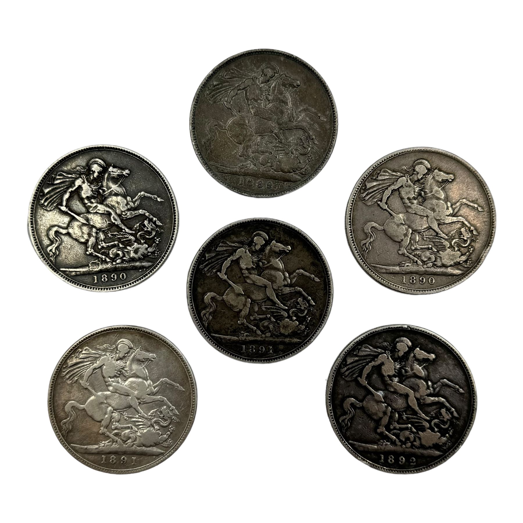 Six Queen Victoria silver crown coins, dated 1889, two 1890, two 1893 and 1892