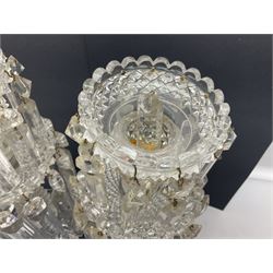 Pair of Victorian clear glass lustres, each with two tiered cut glass bowls supporting cut clear glass lustre drops upon central hobnail cut stem, H29cm