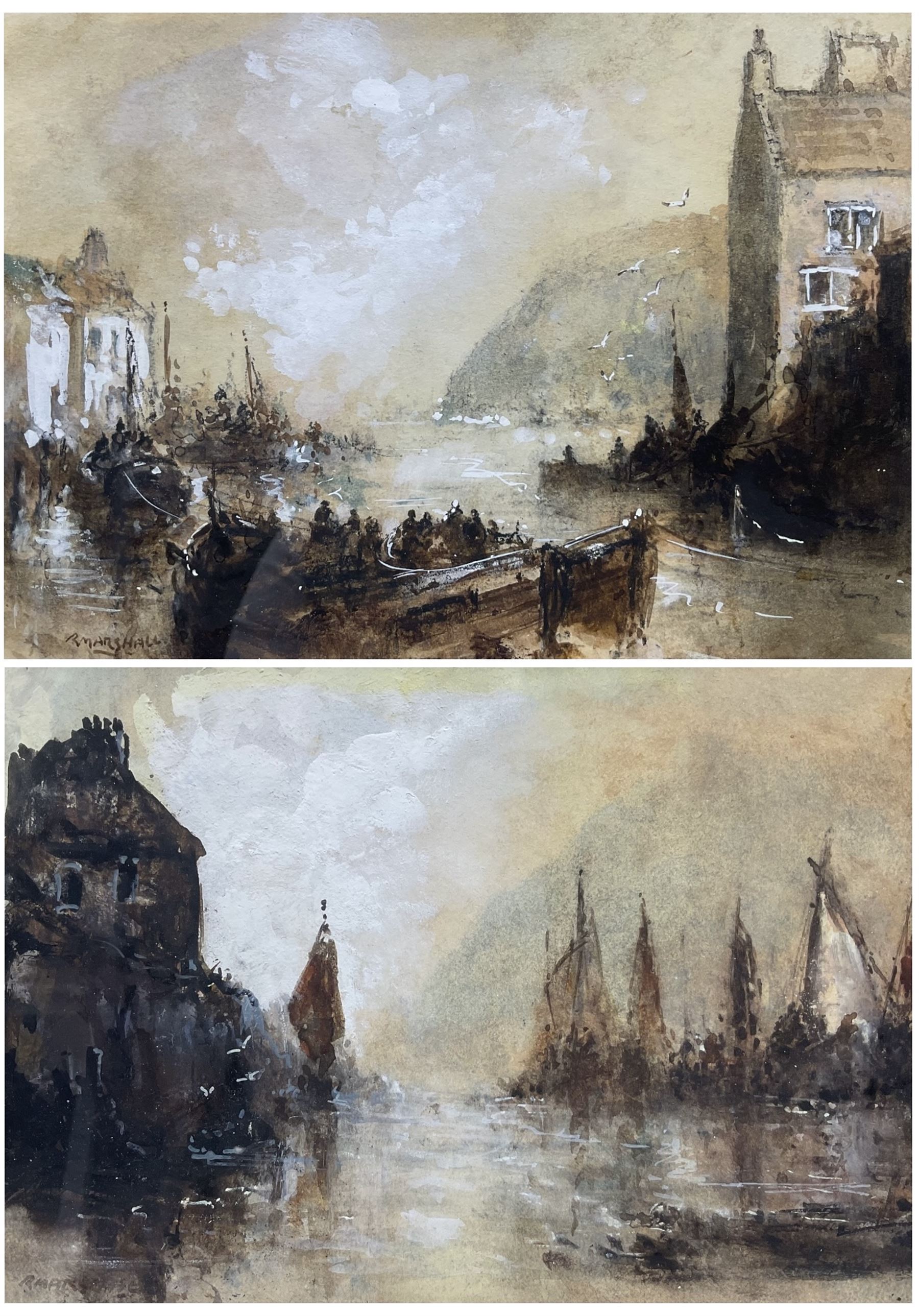 Richard Marshall (British 1944-2006): Fishing Boats in Staithes Beck and Whitby Harbour, pair watercolours heightened in white signed 14cm x 20cm (2)