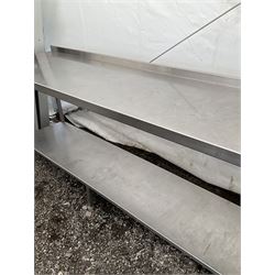 Large stainless steel two tier preparation table, raised back - THIS LOT IS TO BE COLLECTED BY APPOINTMENT FROM DUGGLEBY STORAGE, GREAT HILL, EASTFIELD, SCARBOROUGH, YO11 3TX