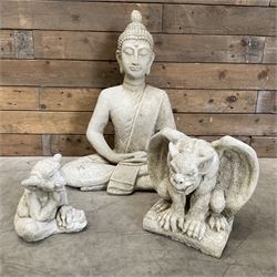 Composite garden Buddha figure and two gargoyle figures (3)