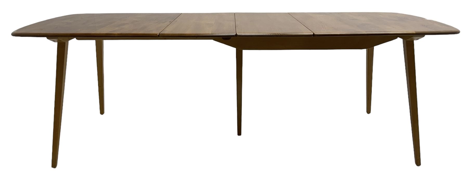 Ercol - light elm and beech 'Slide Leg Expanding Dining Table (444)', rectangular top with rounded corners, raised on tapered splayed supports, with two additional leaves