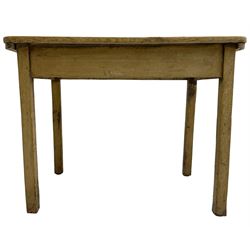 19th century rustic stripped pine side table, two plank rectangular top over square supports