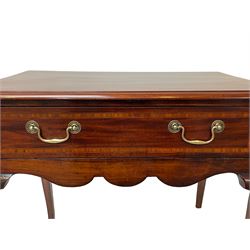 18th century and later inlaid mahogany and fruitwood low-boy, the moulded rectangular top with satinwood band, shaped frieze fitted with single drawer, on cabriole supports with angular feet