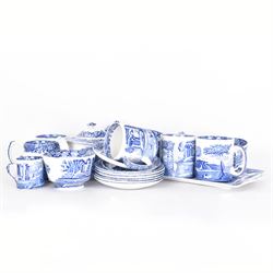 Spode Italian pattern tea service, comprising teapot, milk jug, open sucrier, six cups and saucers, two coffee cans and saucers, six dessert plates, four mugs and a sandwich plate (30) 