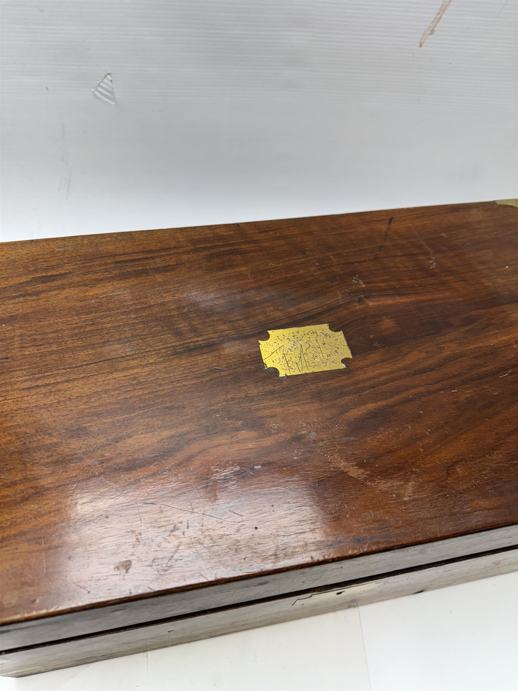 Victorian mahogany brass bound writing slope, together with a carved oak book slide, oak silver plated desk stand and a canteen box with engraved brass shield cartouche, writing slope W45cm