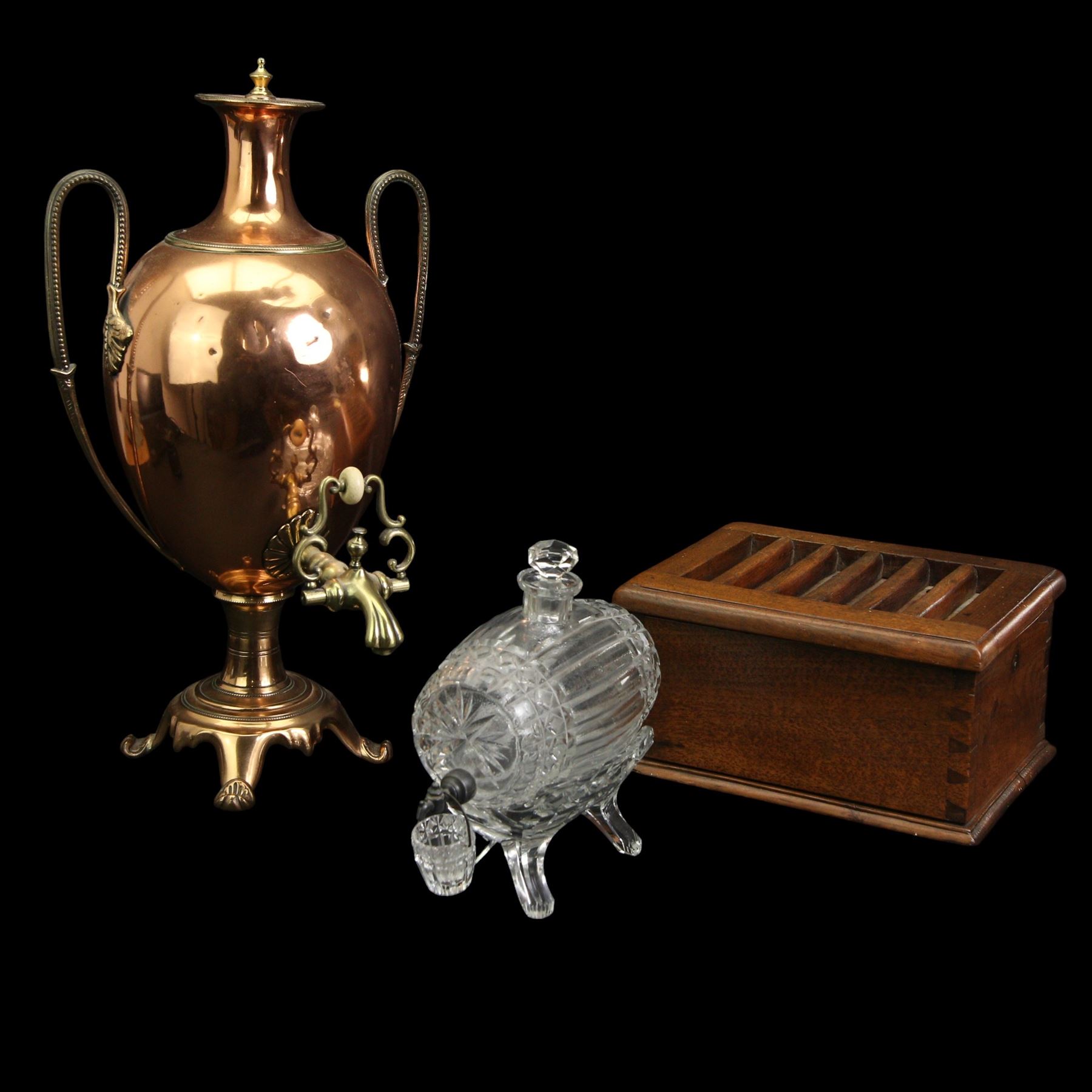 Victorian mahogany carriage foot warmer with pieced hinged lid and metal lined interior, Victorian copper samovar, with brass tap, by W. Baily & Sons, H49cm, together with a heavy cut glass barrel form liquor stand (3)