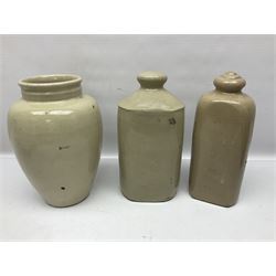 Virol bone marrow stoneware jar, two stoneware hot water bottles and a collection of small apothecary bottles to include amber and green glass examples, some with stoppers and labels, jar H24cm
