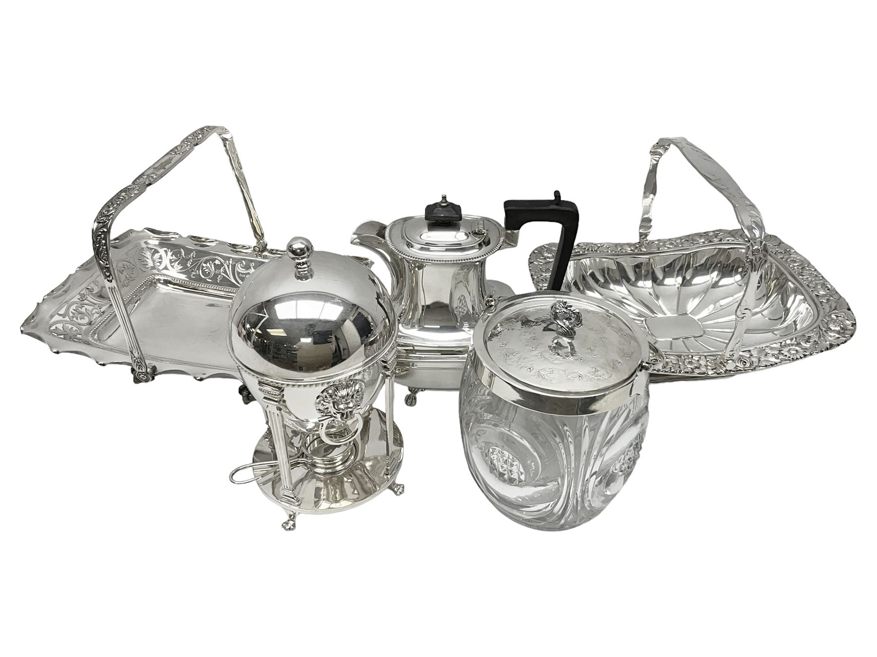 Edwardian silver plated swing handled basket, with pierced sides, engraved May 18 1904, with engraved initial A to handle, upon four ball and claw feet, together with other silver plated item including a similar swing handled basket, with embossed floral border, upon a rectangular pedestal, an egg coddler, with lion mask handles, hot water pot and a moulded glass biscuit barrel, coddler H22cm