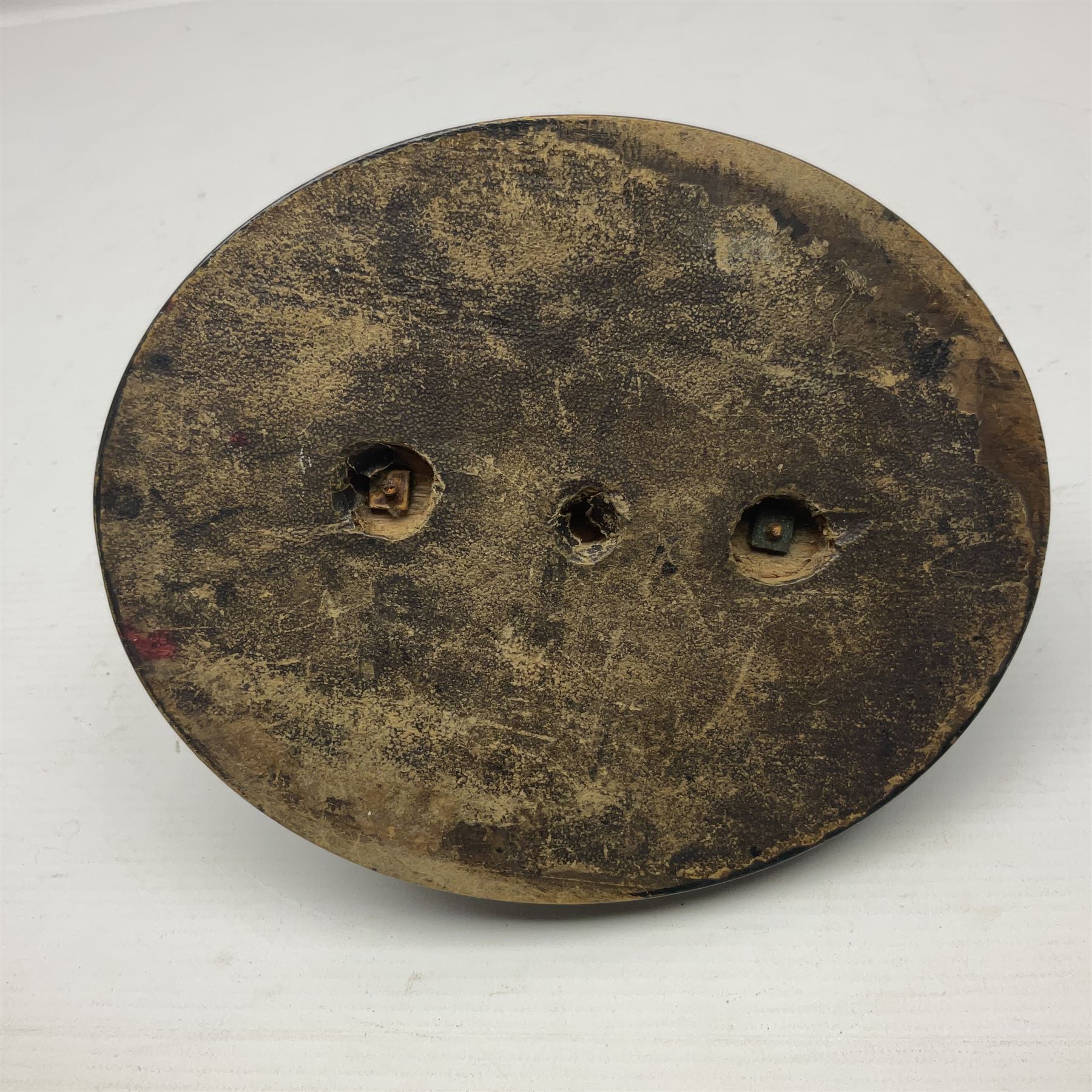 Early 20th century cold painted spelter inkwell, in the form of a hen on nest, upon oval ebonised wooden base, H14cm