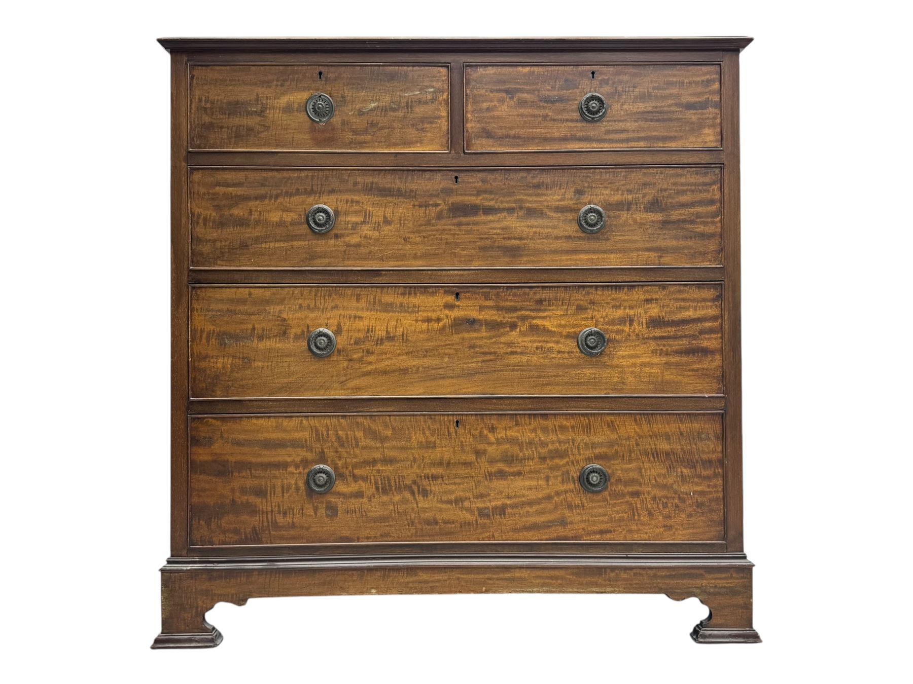 Early 20th century mahogany chest of drawers, rectangular top with moulded edge over two short and three long cockbeaded drawers, on bracket feet