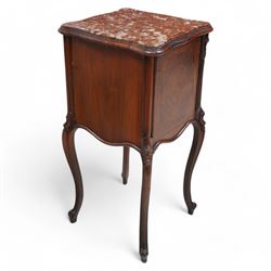 Early 20th century walnut bedside pot cupboard, shaped variegated rouge marble top within moulded frame, single drawer over single cupboard, the interior lined with white marble, cartouche carved cabriole supports with scrolled terminals 