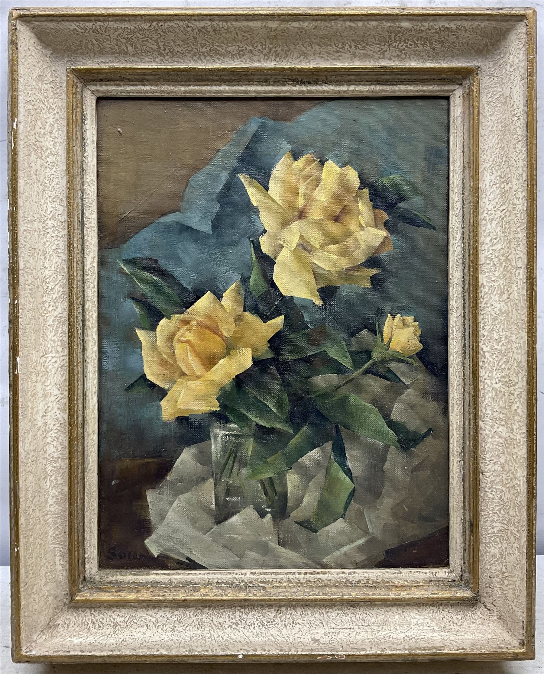 Ellen Soar (Mid 20th century): 'Yellow Roses' still life in the Cubist style, oil on canvas signed, titled verso with artist's address '77 Downs Hill, Beckenham, Kent' 39cm x 29cm
Provenance: exh. Society of Women Artists at The Royal Institute, Piccadilly (1948-1969)