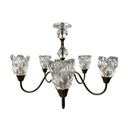 Contemporary five-branch chandelier, brass effect with moulded glass shades; matching pair of wall-mounted two-branch lights (3)