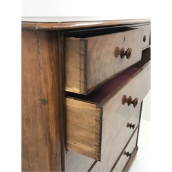 Victorian figured mahogany chest fitted with two short and four long drawers, rounded corners, W149cm, D58cm, H148cm