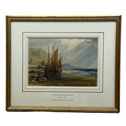 Manner of Henry Barlow Carter (British 1804-1868): Boats Unloading on the Shore, watercolour unsigned, various labels verso 17cm x 24cm