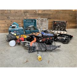 Various building tools to include, DeWalt reciprocating saw, Bosch planer, Titan SDS drill, Black & Decker drills, Evolution 110V saw, fitted tool case, Dremel and other tools