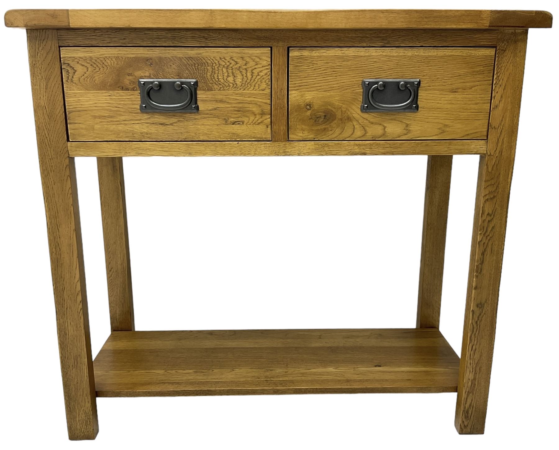 Light oak console table, rectangular top over two drawers, on rectangular supports united by under-tier