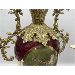 Twin handled vase, the ceramic urn form body decorated with floral sprigs and figural panel, the metal handles designed as vines, together with a similar ewer, vase H75cm 