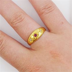 Victorian 22ct gold three stone gypsy set ruby and diamond ring, London 1865