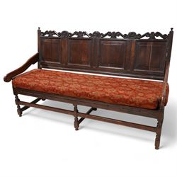 18th century oak hall bench or settle, the cresting rail carved with S-scrolls and crown m...