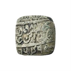 India, Mughal Empire square silver rupee-weight temple token of Akbar (1556-1605)