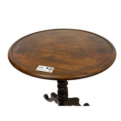 Victorian mahogany tripod table, dished circular top on spiral turned column, three splayed supports with scrolled terminals 