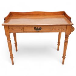 Victorian pitch pine washstand, raised gallery over rectangular top, fitted with single drawer, on turned supports 